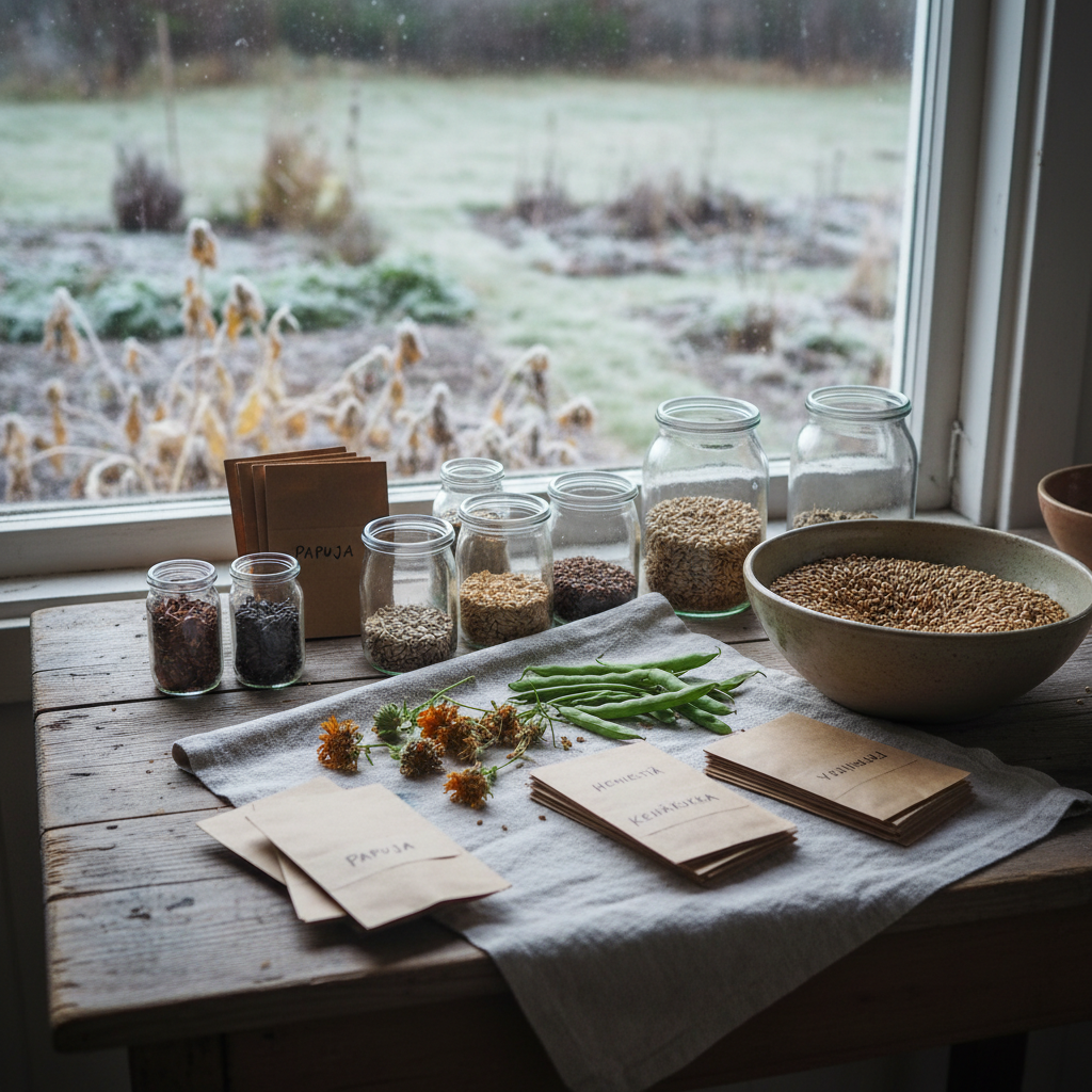A meticulously organized seed-saving scene for a Finnish permaculture garden, set on a worn wooden table by a cottage window at Pajula. Small, labeled glass jars and brown paper packets (labels turned away from view) hold seeds of beans, peas, calendula, and heritage grains. Open seed heads and pods lie on a linen cloth, with a simple ceramic bowl catching loose seeds. Outside the frost-misted window, a blurred glimpse of dormant garden beds hints at late autumn. Cool, diffused daylight streams in, creating soft highlights on glass and subtle shadows in the wood grain. Photographic realism with a slightly elevated, close-up composition and shallow depth of field evokes a reflective, studious mood and respect for traditional Finnish garden knowledge.